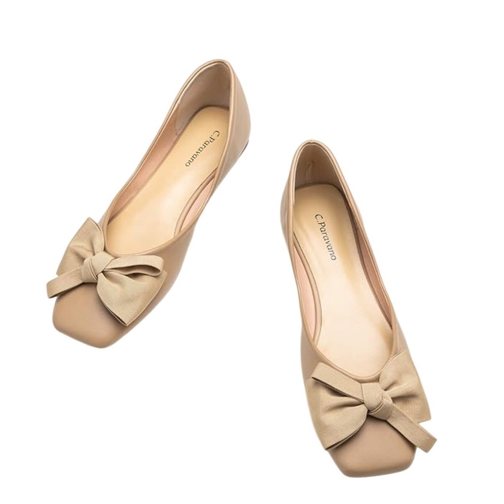 C.Paravano Womens Square Toe Bow Ballet Flats Beige A72 Size EU 39.5 leather‎